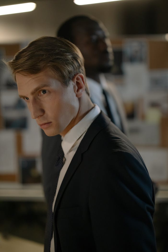 A thoughtful detective standing indoors at work in formal attire.